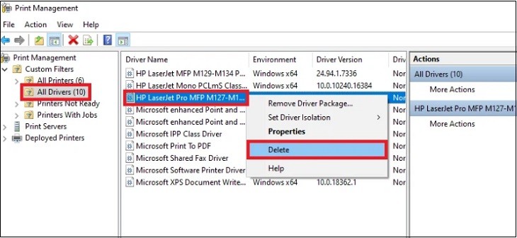 Xóa driver máy in cũ đang gặp sự cố trong mục All Drivers