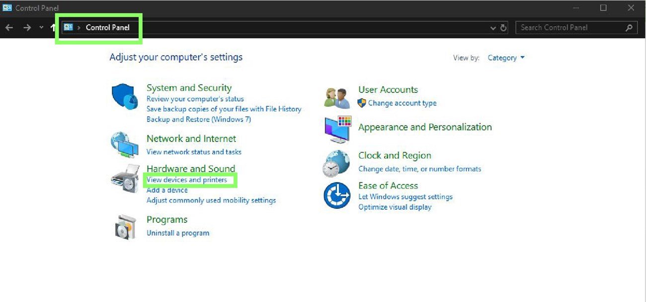 Truy cập Devices and Printers từ Control Panel để quản lý máy in Dell