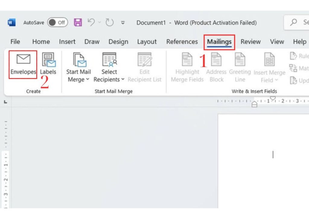 Chọn tab Mailings và Envelopes trong Word để bắt đầu in phong bì