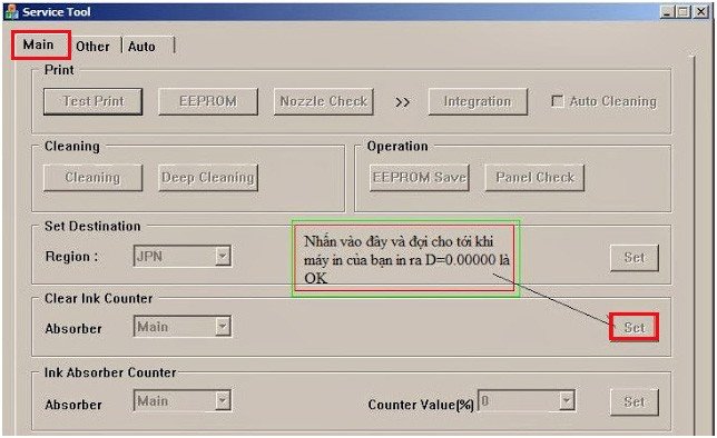 Thao tác chọn Set trong phần mềm reset máy in Canon 6770 để xóa bộ đếm