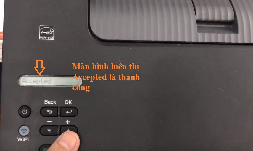 Màn hình máy in Brother 2366DW hiển thị Accepted xác nhận reset drum thành công