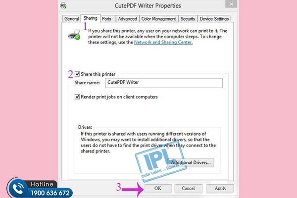 Tab Sharing trong Printer Properties, bật chia sẻ máy in