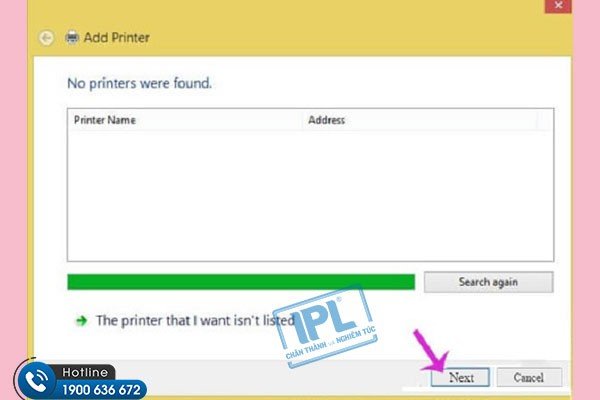 Tùy chọn tìm kiếm máy in không có trong danh sách tự động