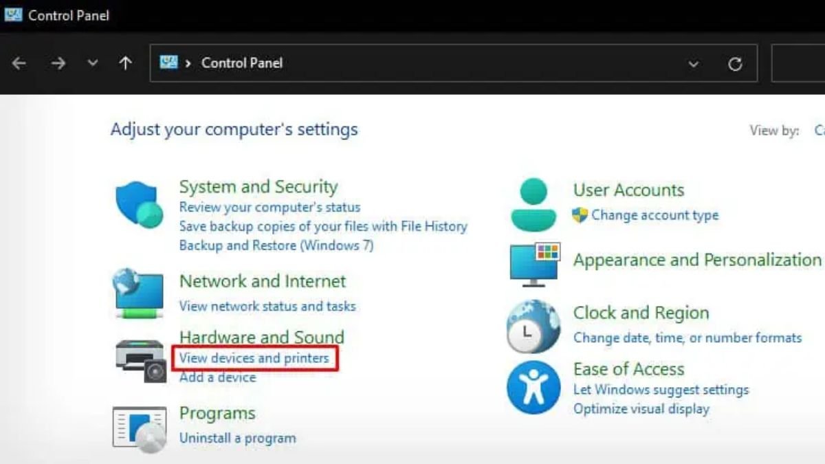 Truy cập Devices and Printers trong Control Panel để thêm máy in HP không dây