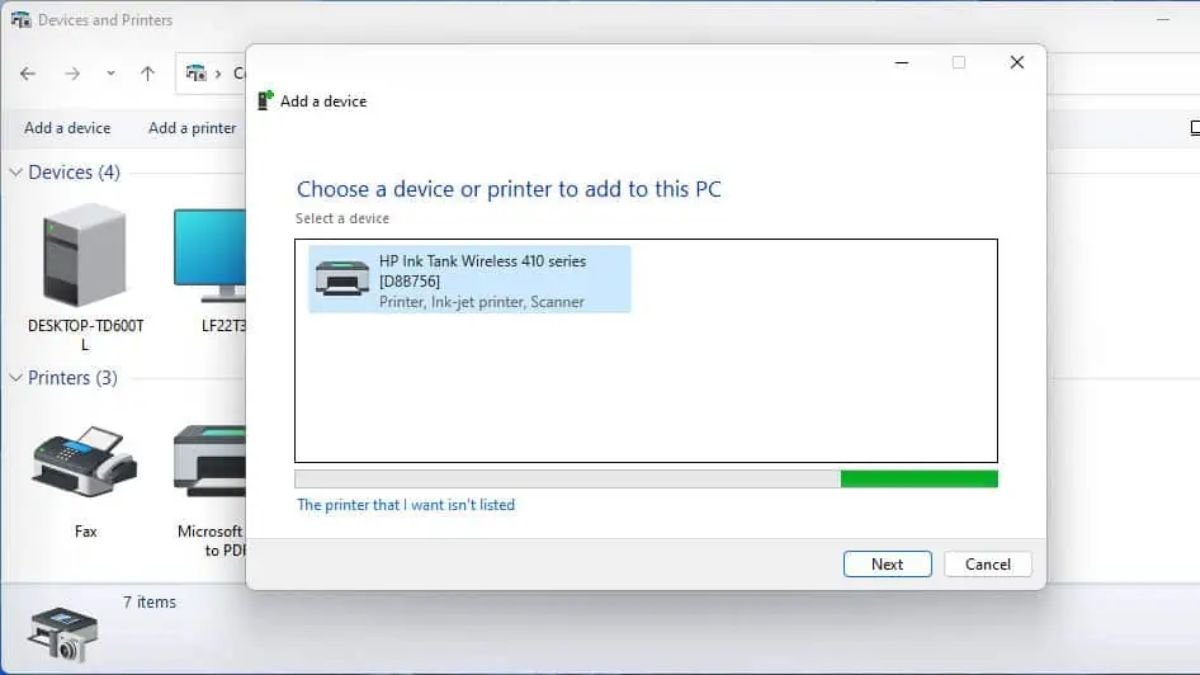 Chọn máy in HP từ danh sách thiết bị không dây tìm thấy