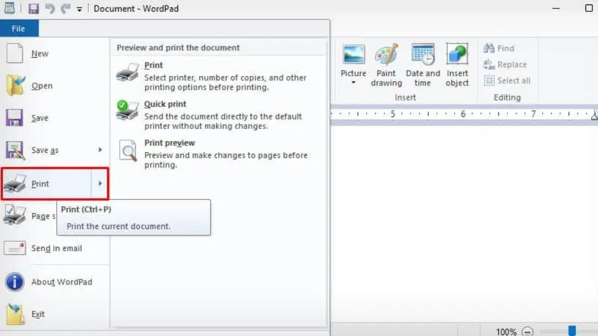 Mở hộp thoại in bằng phím tắt Ctrl + P trong ứng dụng