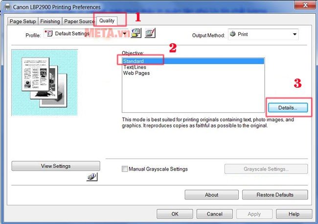 Chọn tab Quality và nút Details trong cài đặt mặc định Canon 2900