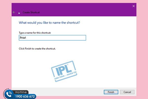 Đặt tên cho shortcut máy in vừa tạo trên Windows 10