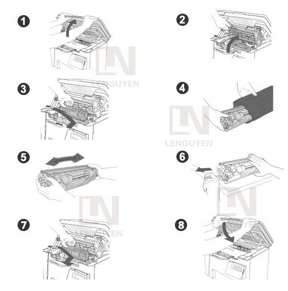 Minh họa cách tháo hộp mực cũ khỏi máy in Canon MF221D