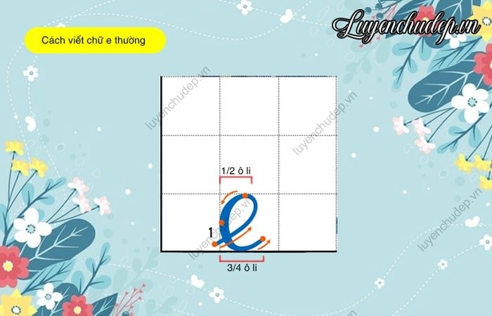Cách viết chữ e thường chuẩn xác với kích thước 1 ô li