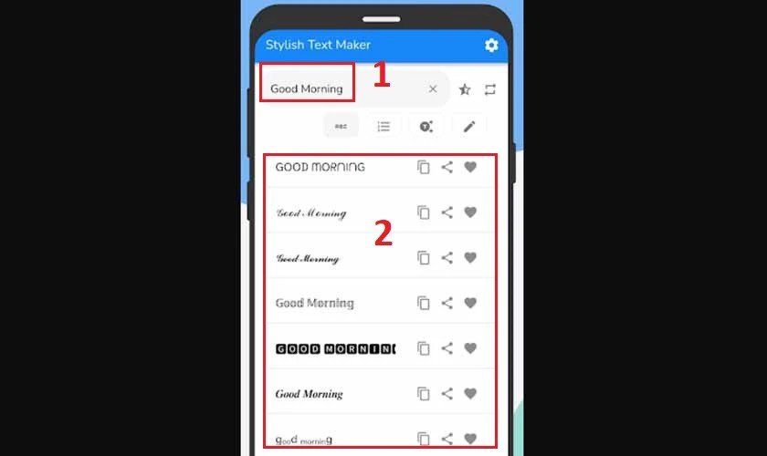 Giao diện ứng dụng Stylish Text Maker trên điện thoại để tạo chữ in đậm