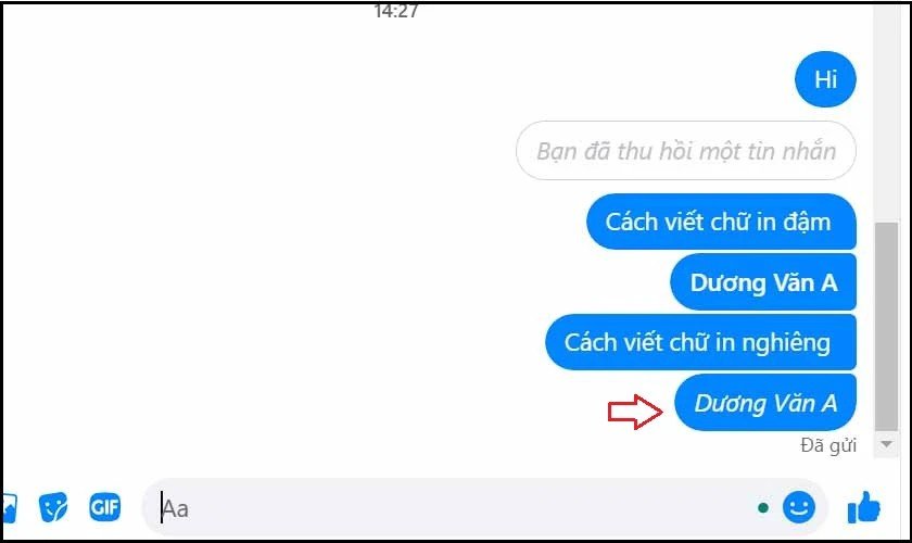 Hiển thị chữ in nghiêng trong Messenger sau khi gửi tin nhắn