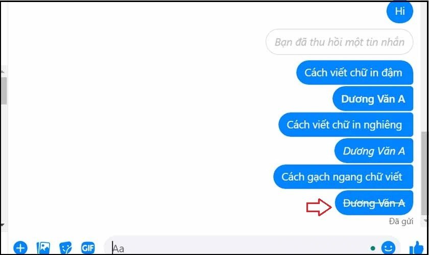 Ví dụ tin nhắn có chữ gạch ngang sau khi dùng cú pháp ~text~ trên Messenger