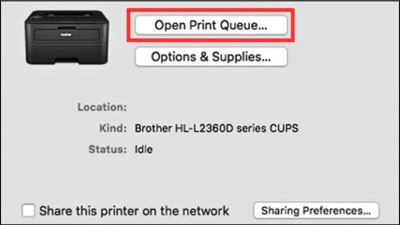 Cửa sổ Printers & Scanners trên macOS với nút "Open Print Queue" được chỉ dẫn.