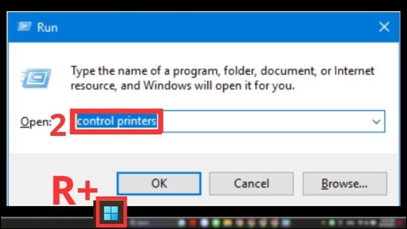 Hộp thoại Run trên Windows với lệnh "control printers" được nhập để mở Devices and Printers.