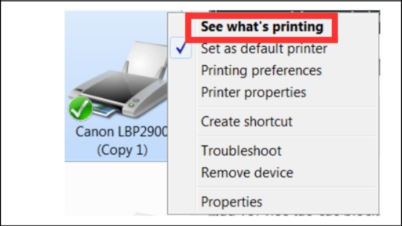 Menu chuột phải trên biểu tượng máy in trong Devices and Printers với tùy chọn "See what's printing" được chọn.