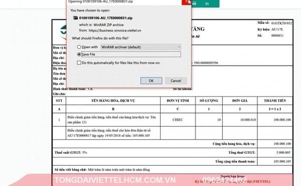 Tải file ZIP để hoàn tất cách in hóa đơn điện tử Viettel đã chuyển đổi