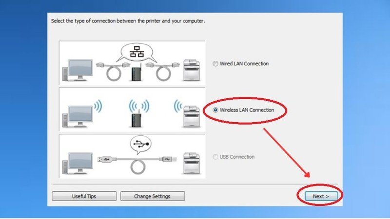 Chọn phương thức kết nối không dây để cài đặt máy in Canon qua wifi