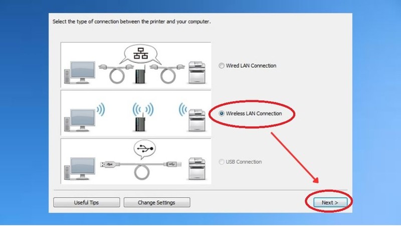 Màn hình lựa chọn phương thức kết nối Wireless LAN Connection