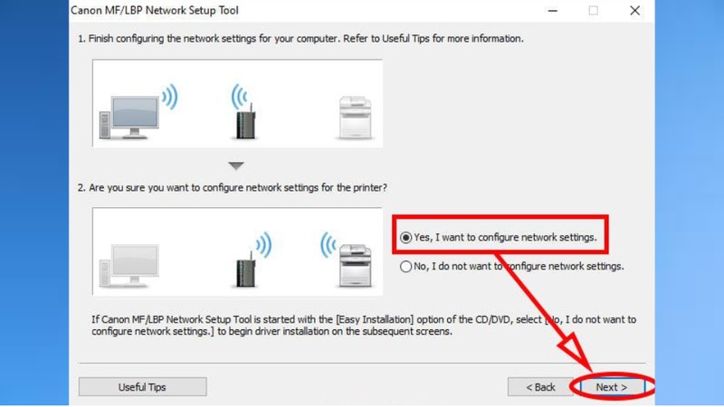 Chọn Yes I want to configure network settings trong cài đặt máy in
