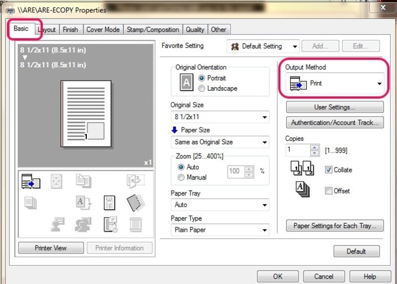 Hình ảnh bảng điều khiển máy in với các tùy chọn cài đặt kích thước giấy A4, Letter