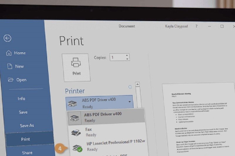 Giao diện cài đặt in trong Microsoft Word hiển thị tùy chọn máy in