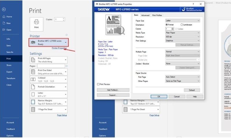 Chọn đúng tên máy in Brother từ danh sách máy in trong cửa sổ Print