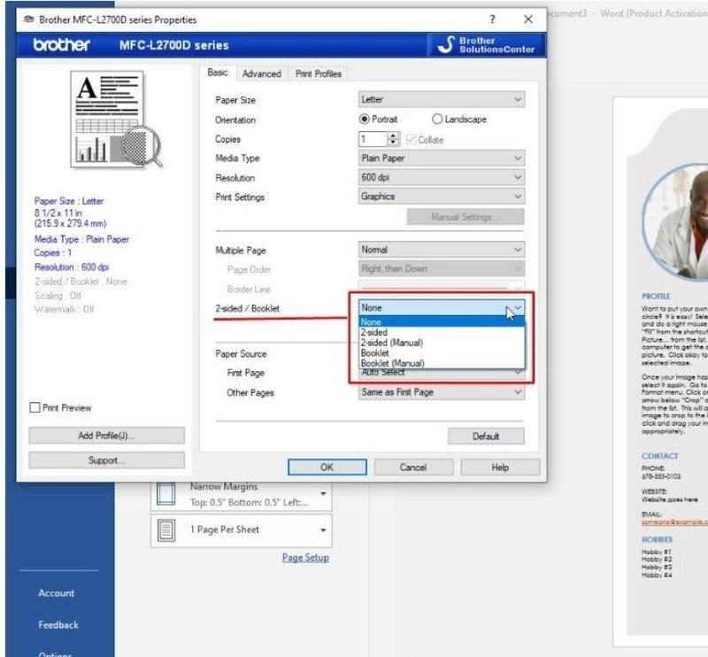 Kích hoạt chế độ in hai mặt trong phần Printer Properties của máy in Brother