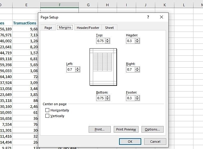 Điều chỉnh lề trang in Excel