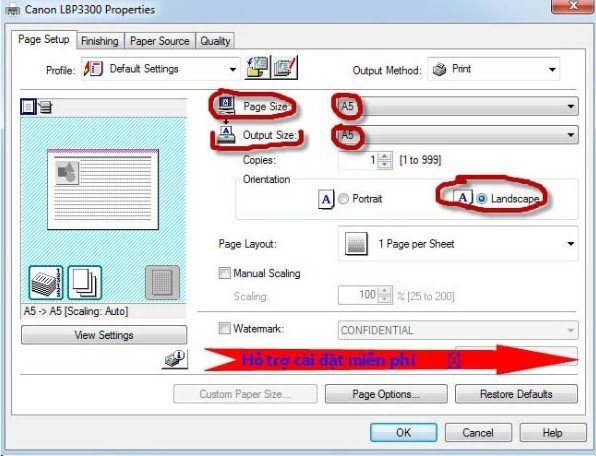 Chọn khổ giấy A5 trong thẻ Page Setup của máy in Canon LBP 3300