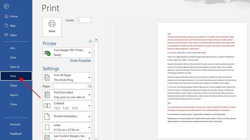 Cửa sổ lệnh in tài liệu với các tùy chọn cơ bản