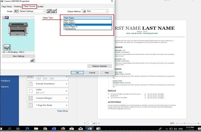 Cài đặt loại giấy in trong Paper Source