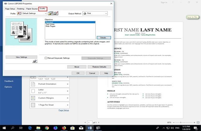 Tab Quality để điều chỉnh chất lượng bản in Canon
