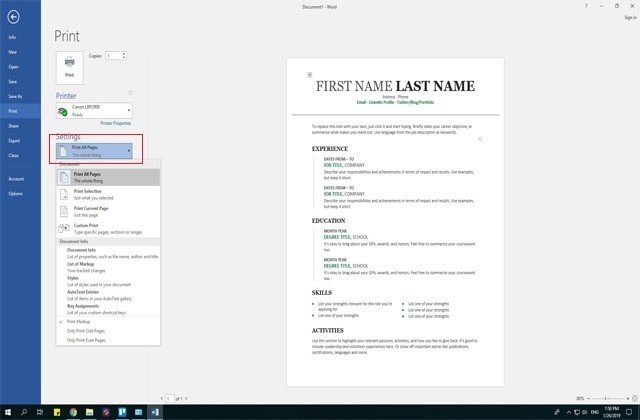 Tùy chọn in tất cả các trang