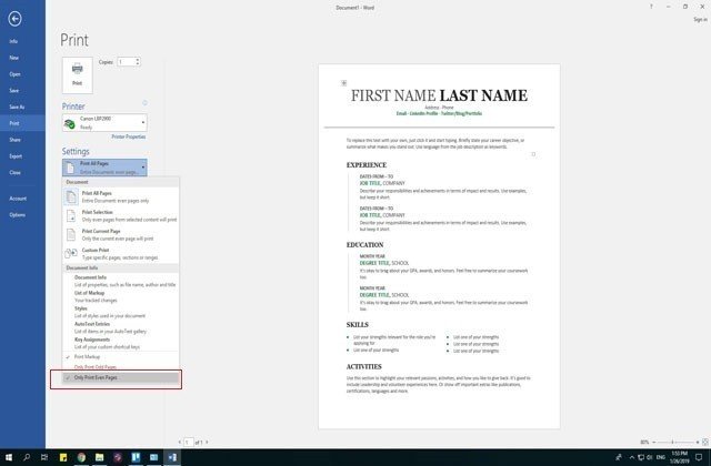 Chọn chỉ in các trang chẵn