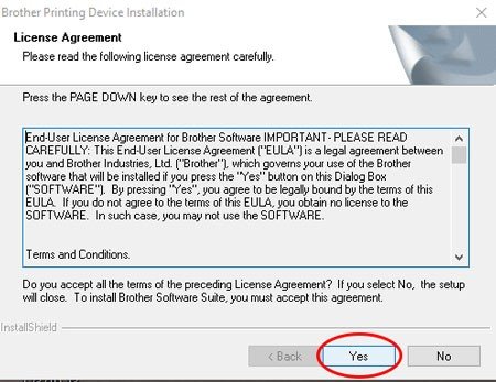 Đồng ý điều khoản sử dụng phần mềm cài đặt Brother L2701DW