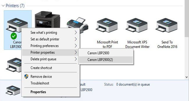 Chọn Set as default printer để đặt máy in Canon 2900 làm mặc định