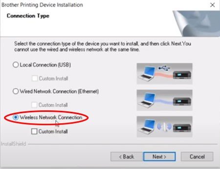 Chọn tùy chọn kết nối mạng không dây Wireless khi cài đặt máy in Brother HL-L2366dw