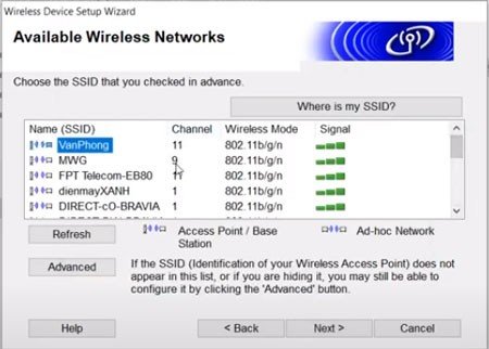 Lựa chọn tên mạng wifi (SSID) để kết nối cho máy in Brother HL-L2366dw