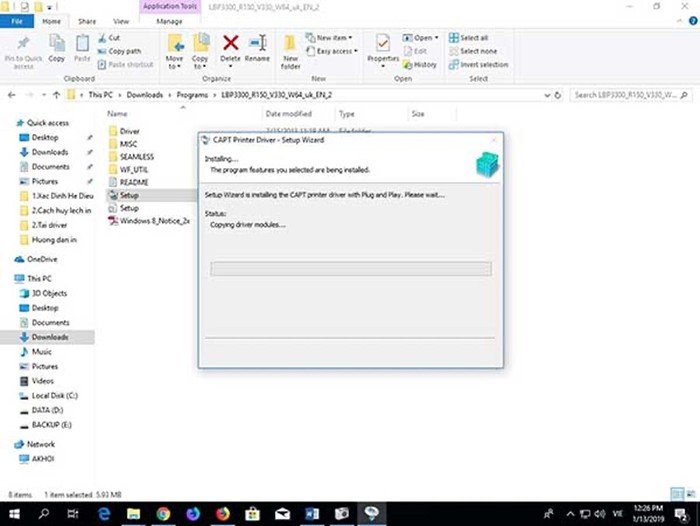 Chờ đợi quá trình sao chép file driver Canon LBP 3300 vào máy tính