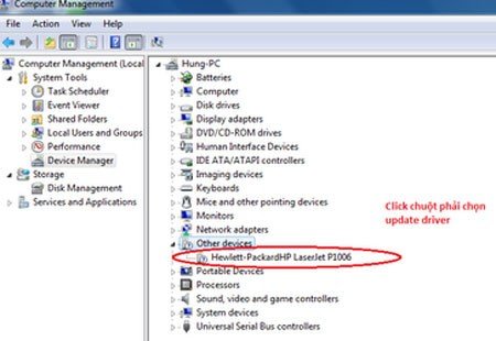 Chọn Update Driver Software để bắt đầu quá trình cài đặt máy in thủ công cho Win 8