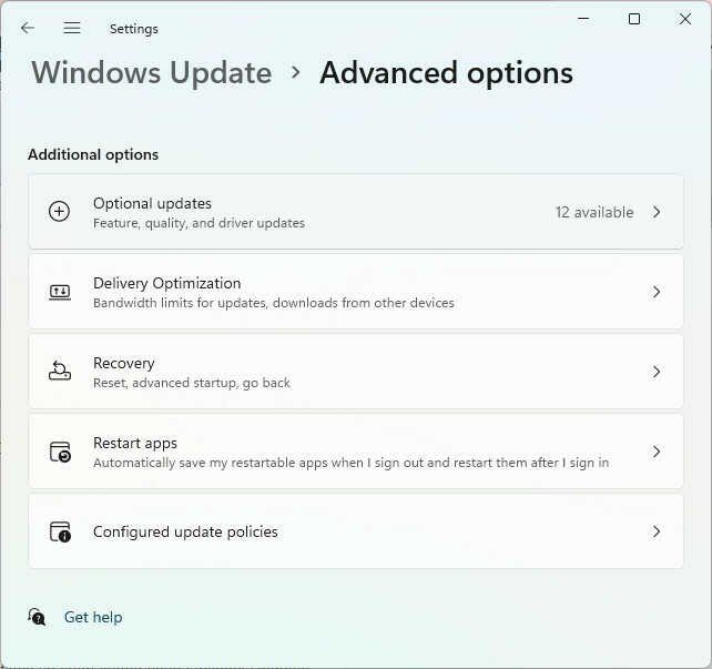 Tùy chọn Nâng cao trong Windows Update để cài đặt driver máy in Windows 11