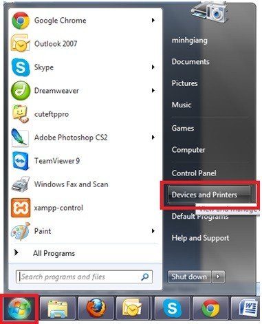 Truy cập mục Devices and Printers trên Windows 7 để thêm máy in HP LaserJet 1160