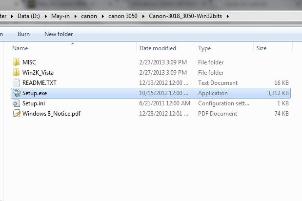 Giao diện giải nén driver với file Setup.exe để bắt đầu cài đặt Canon LBP 3050