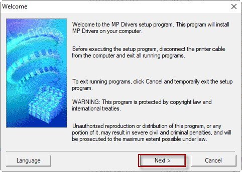 Giao diện bắt đầu cài đặt driver máy in Canon E560