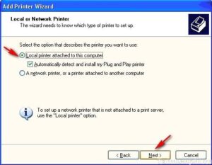 Giao diện lựa chọn kiểu kết nối máy in cục bộ hoặc mạng trong Windows khi cài đặt không cần đĩa
