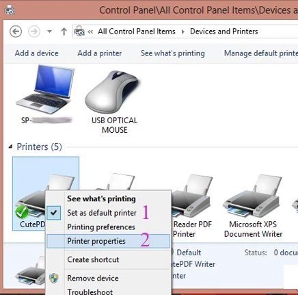 chọn printer properties để cài đặt chia sẻ máy in qua mạng lan