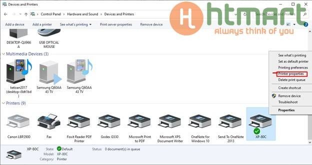 Mở cửa sổ Printer properties để cấu hình nâng cao cho máy in bill