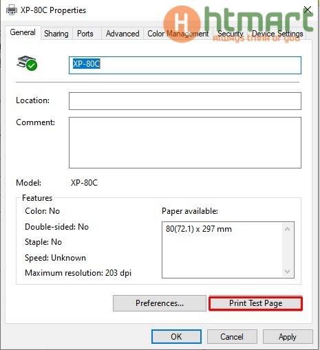 In thử trang kiểm tra để xác nhận cài đặt máy in Xprinter thành công