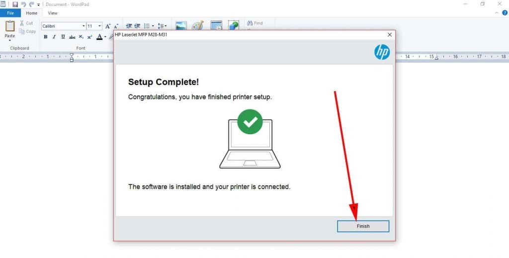 Màn hình hoàn tất quá trình cài đặt driver HP M28a
